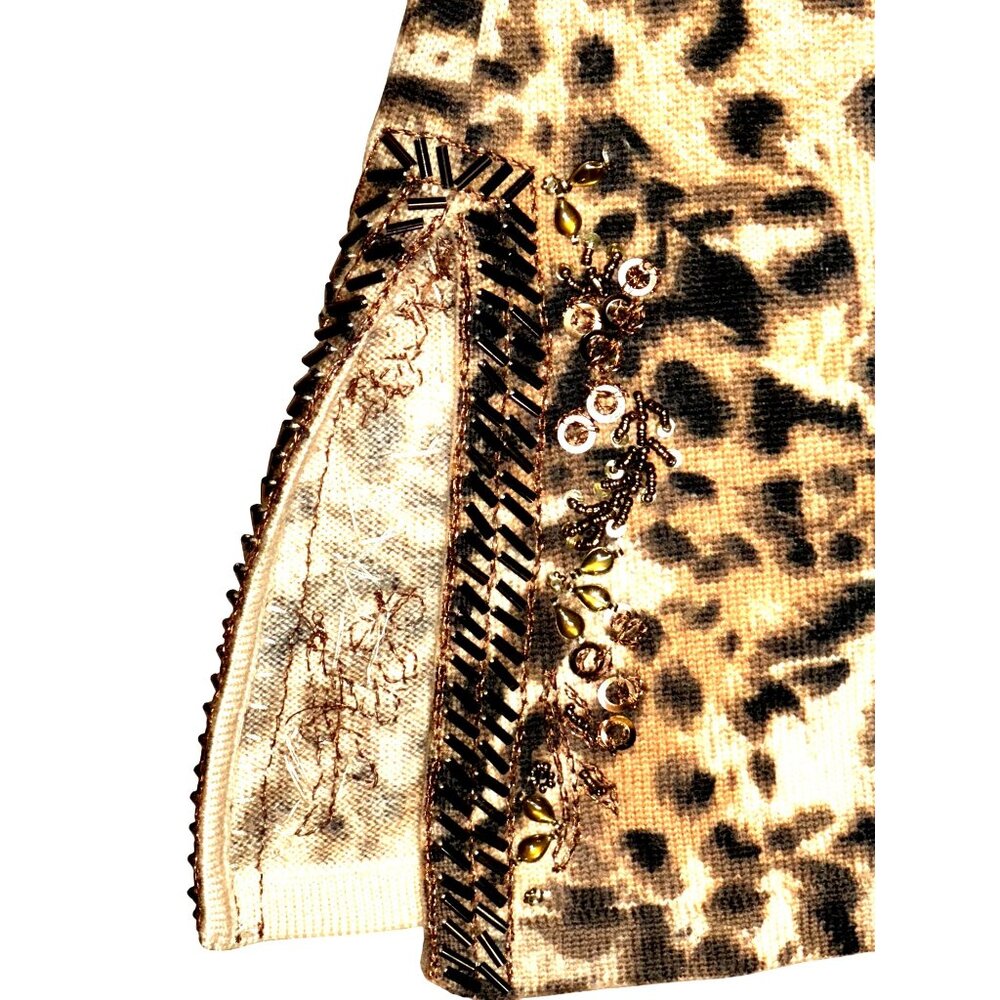 Dana Buchman Size M Brown Leopard Print Merino Wool Beaded Tunic Sweater Blouse - Picture 12 of 13